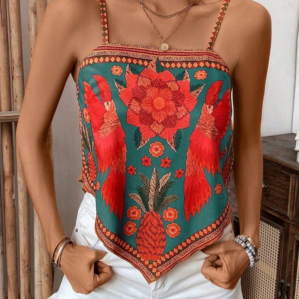 Green Boho Women's Casual Loose Plant Print Camisole top